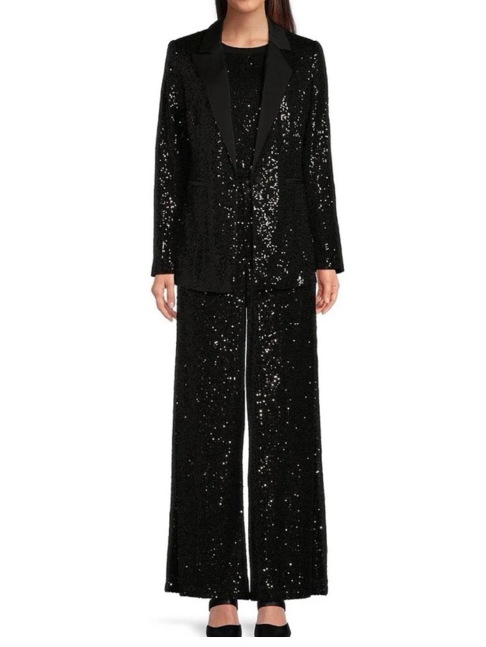 Gibson Latimer 3-Piece Black Sequin Wide-Leg Pantsuit Set - Size M